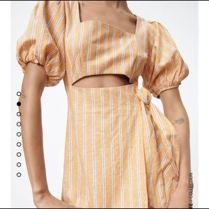 Zara Stripped Puff Sleeves Cutout Dress
